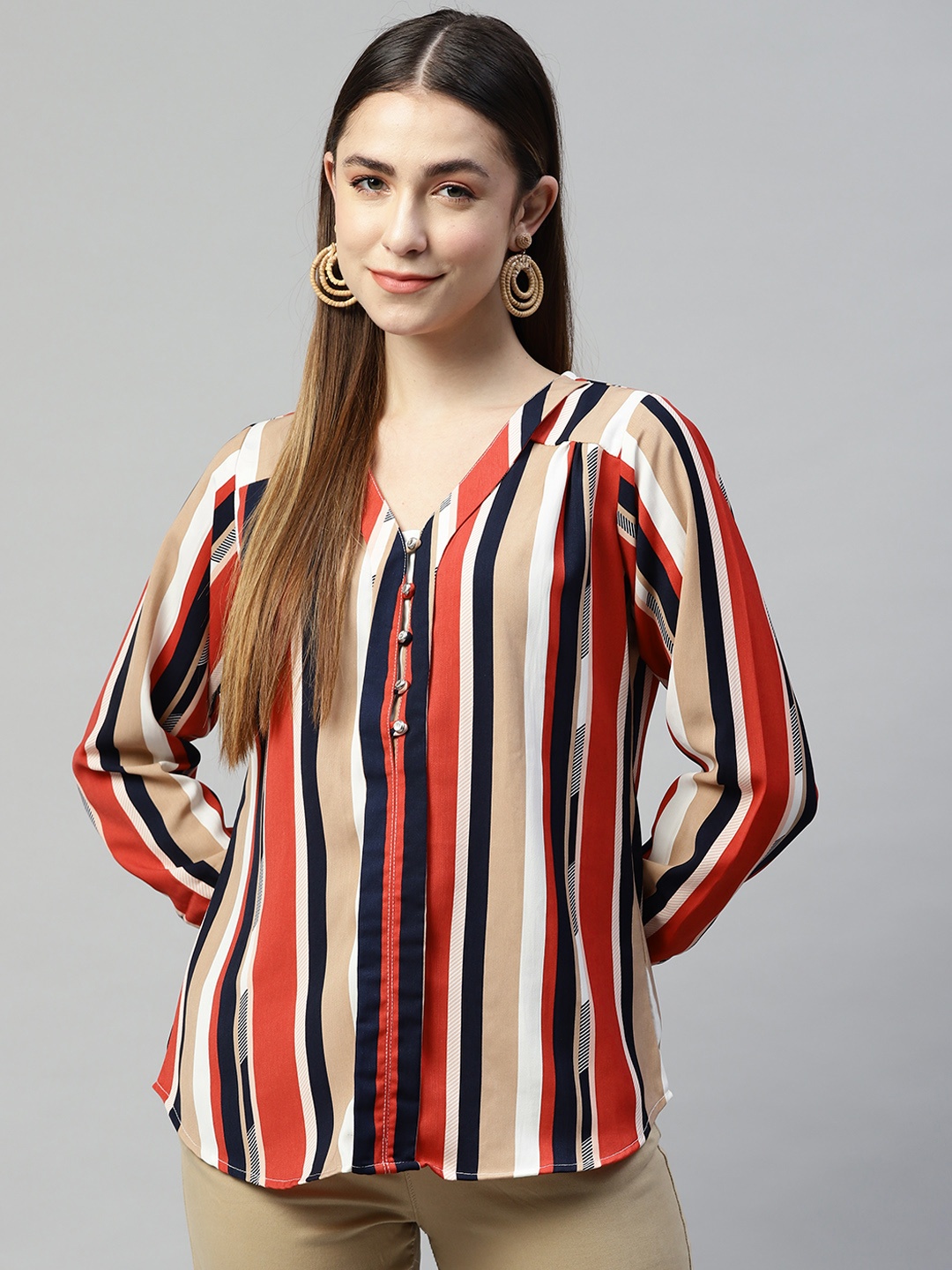 

Ives Red & Beige Striped Crepe Top