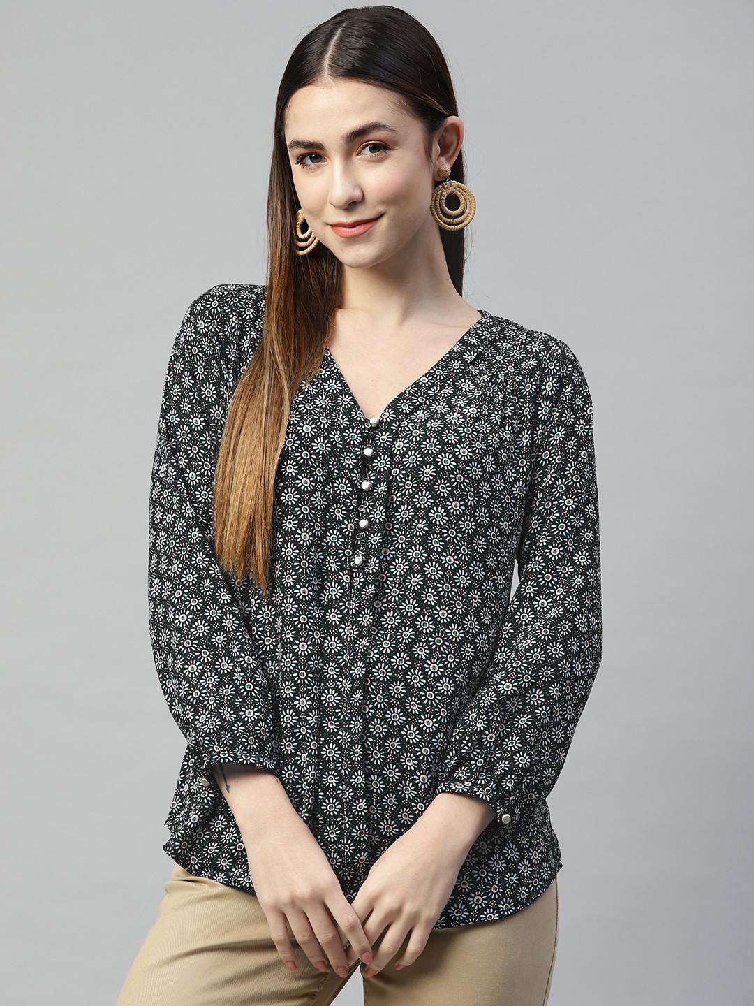 

Ives Navy Blue Floral Print Crepe Top