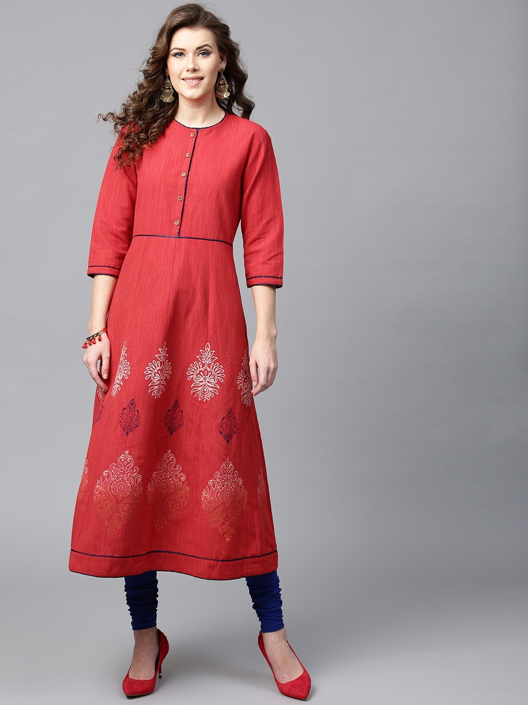 

Tulsattva Women Red & White Ethnic Motifs Printed Cotton A-Line Kurta