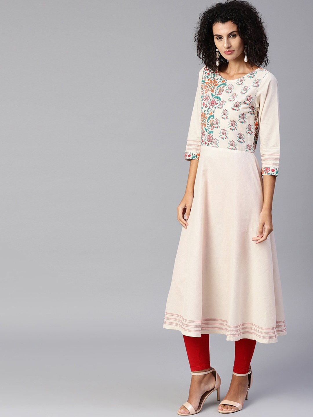 

Tulsattva Women Cream-Coloured Floral Yoke Design Thread Work Anarkali Kurta