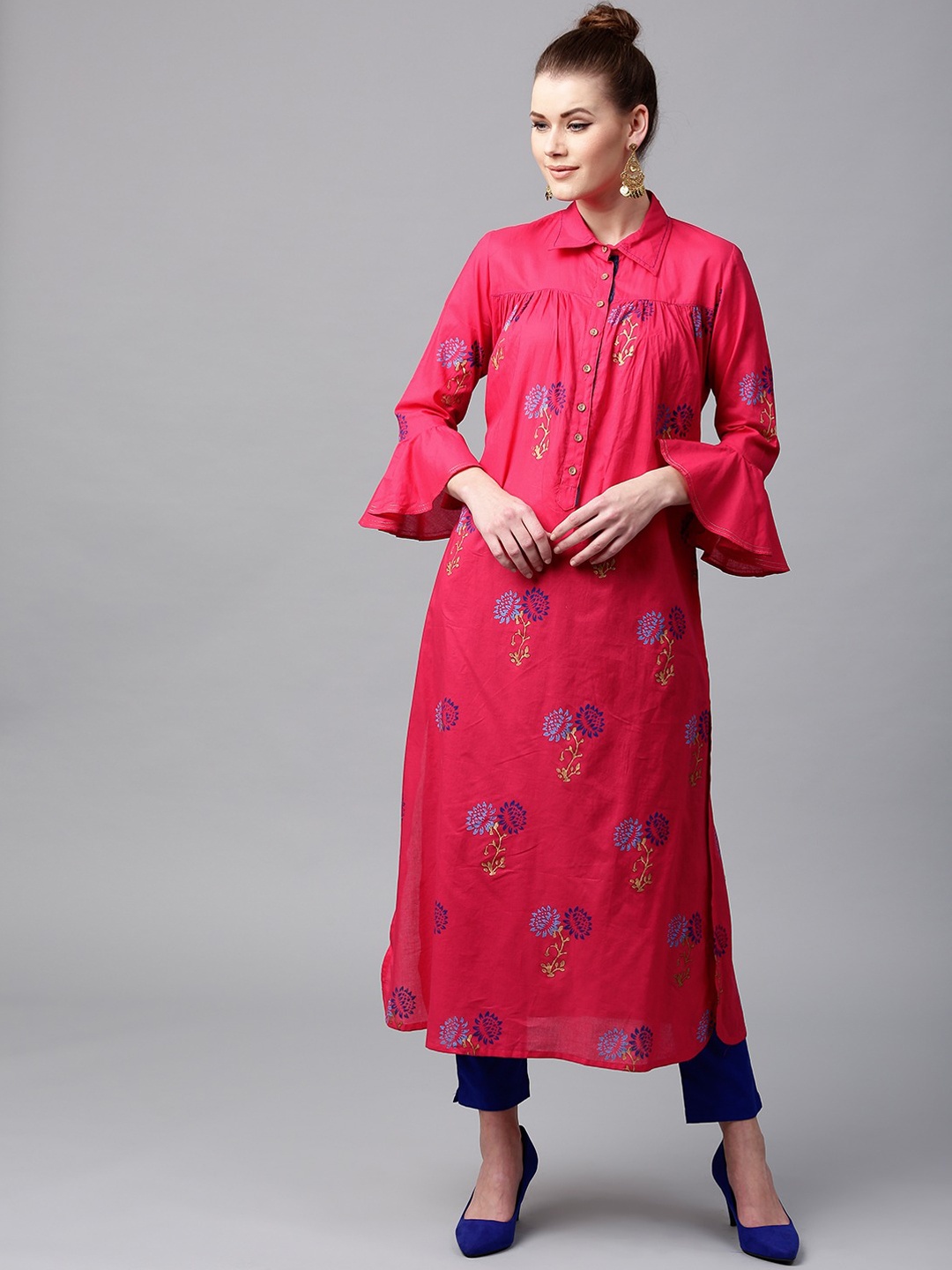 

Tulsattva Women Pink & Blue Ethnic Motifs Printed Pathani Kurta