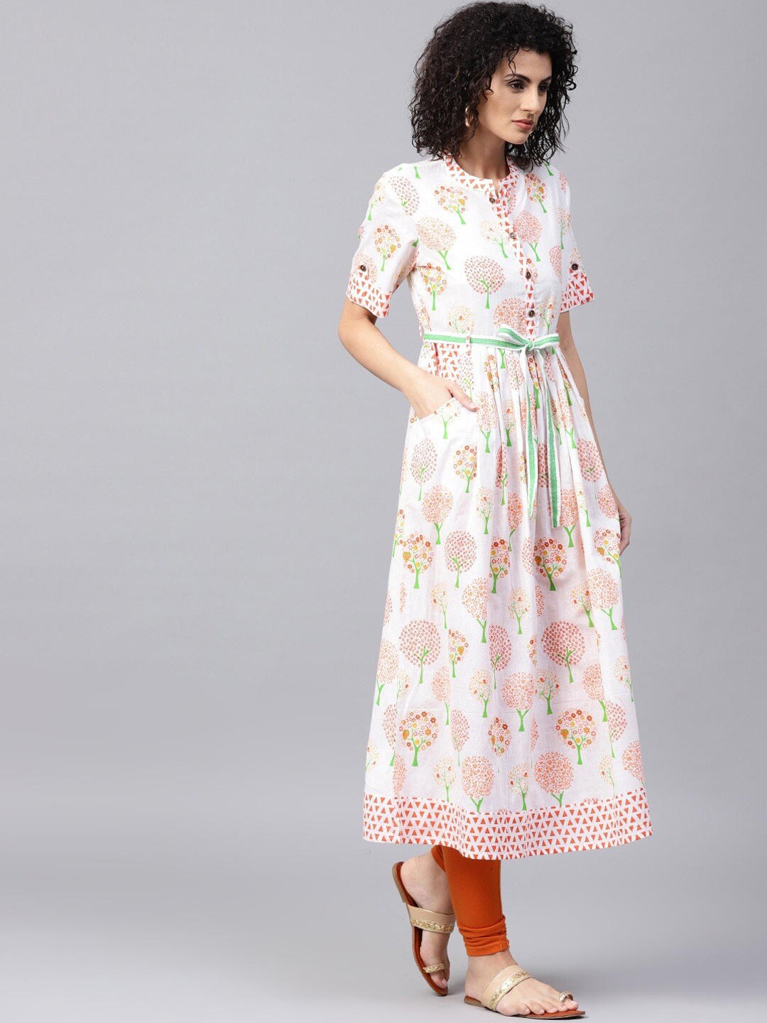 

Tulsattva Women White & Orange Ethnic Motifs Printed Belted Cotton Kurta