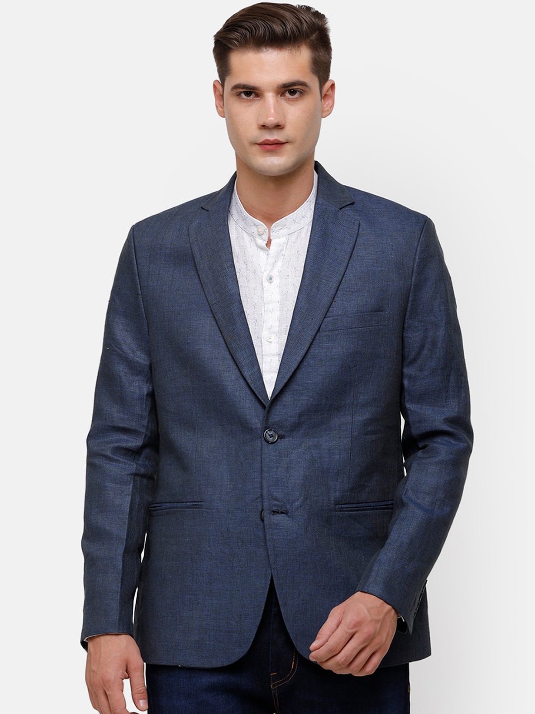 

Linen Club Men Blue Solid Single Breasted Sustainable Linen Blazer