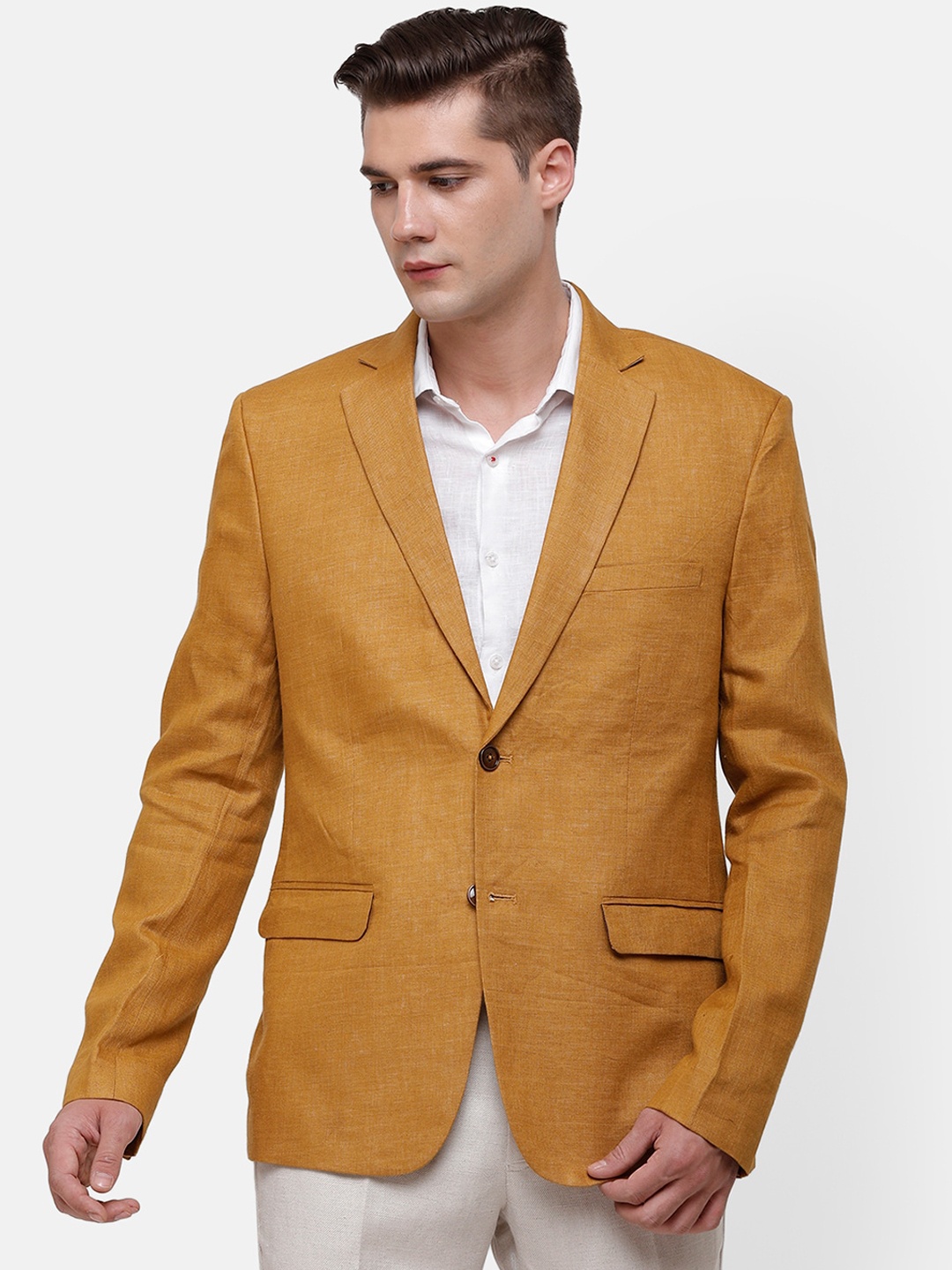 

Linen Club Men Camel Brown Solid Linen Single-Breasted Formal Blazer