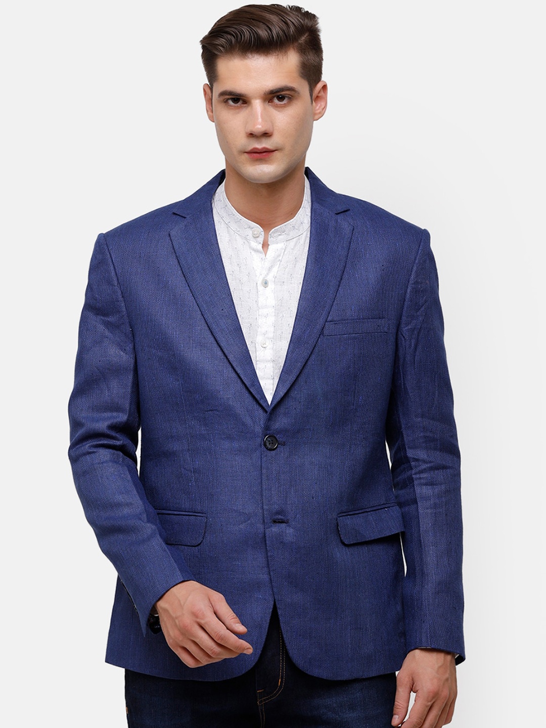 

Linen Club Men Blue Solid Single Breasted Pure Linen Casual Blazer