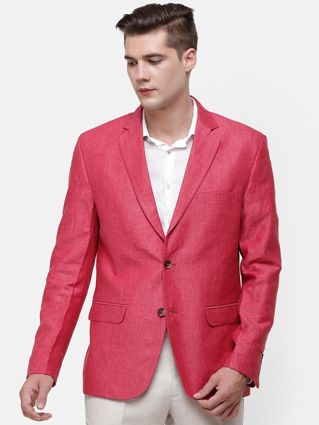 

Linen Club Men Pink Solid Single Breasted Blazer