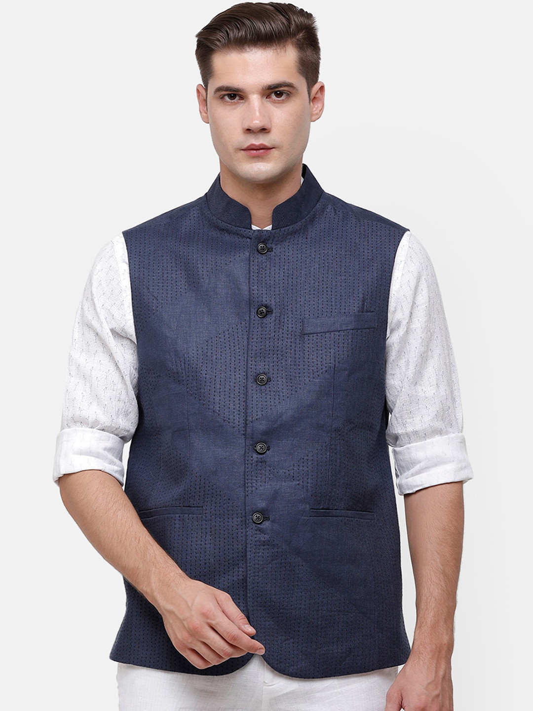 

Linen Club Men Blue Solid Linen Woven Nehru Jacket