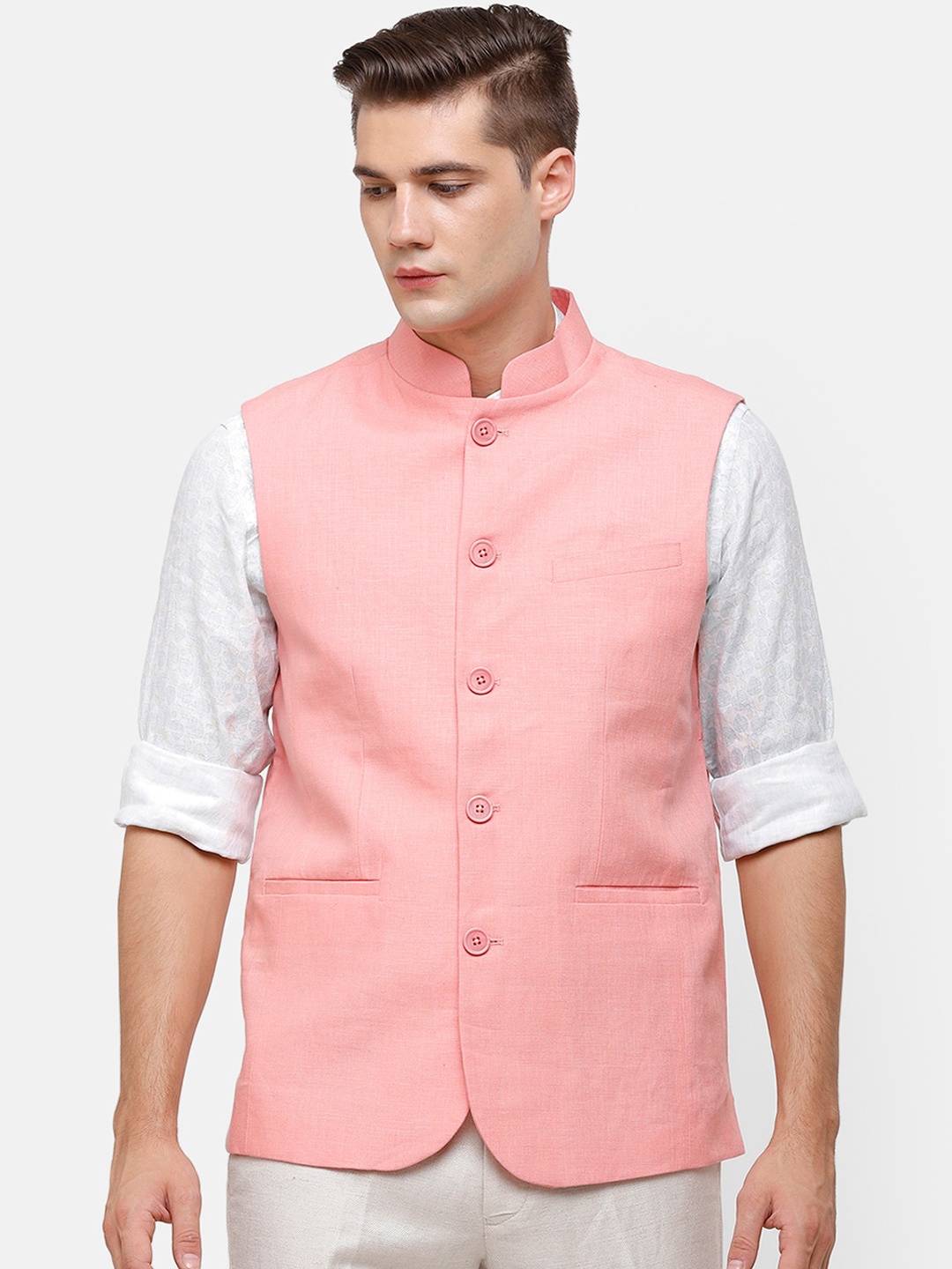 

Linen Club Men Pink Solid Linen Woven Nehru Jacket