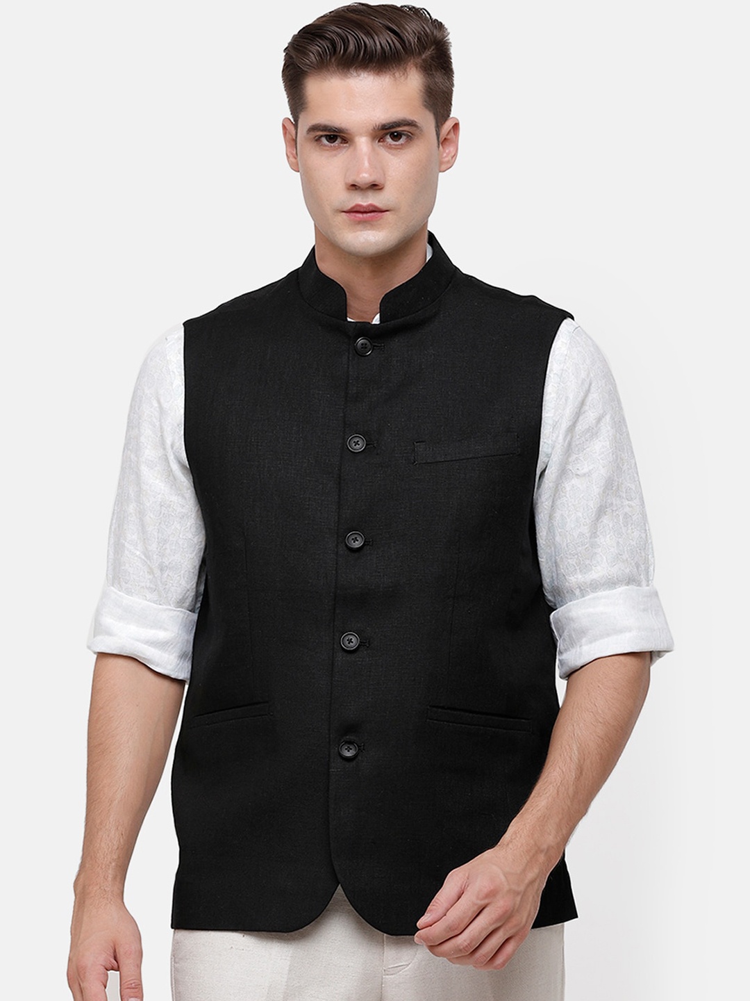 

Linen Club Men Black Solid Woven Pure Linen Nehru Jacket