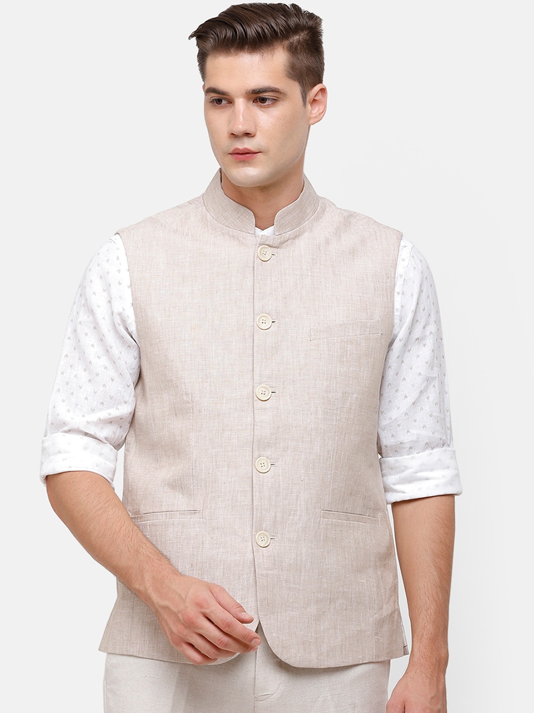 

Linen Club Men Beige Solid Linen Nehru Jacket