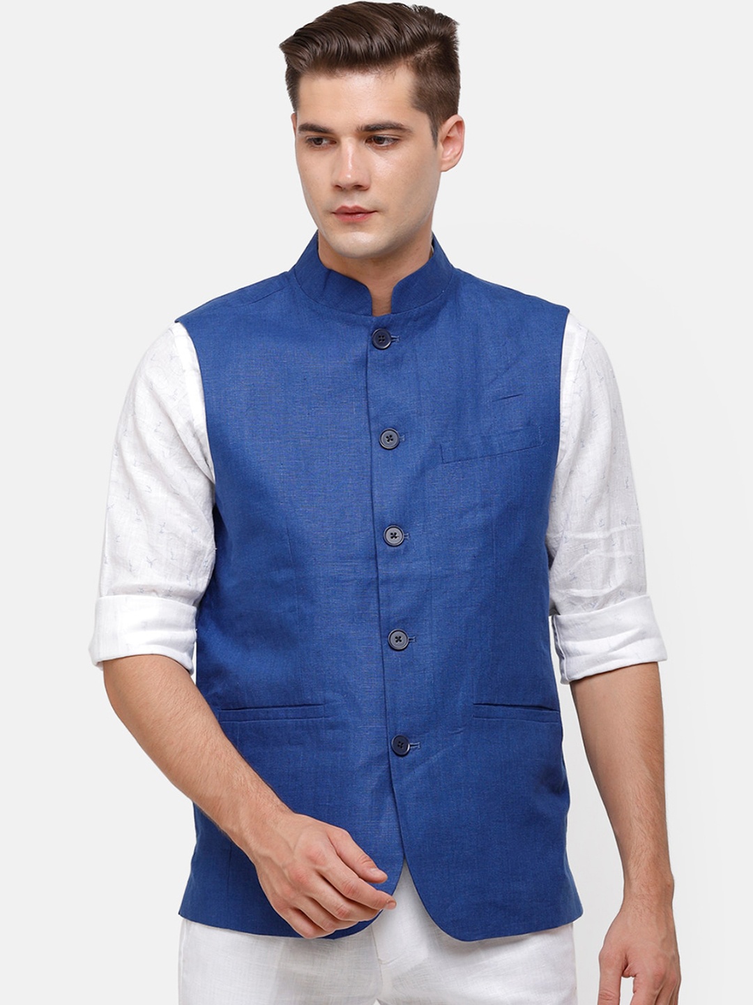 

Linen Club Men Blue Solid Woven Linen Nehru Jacket