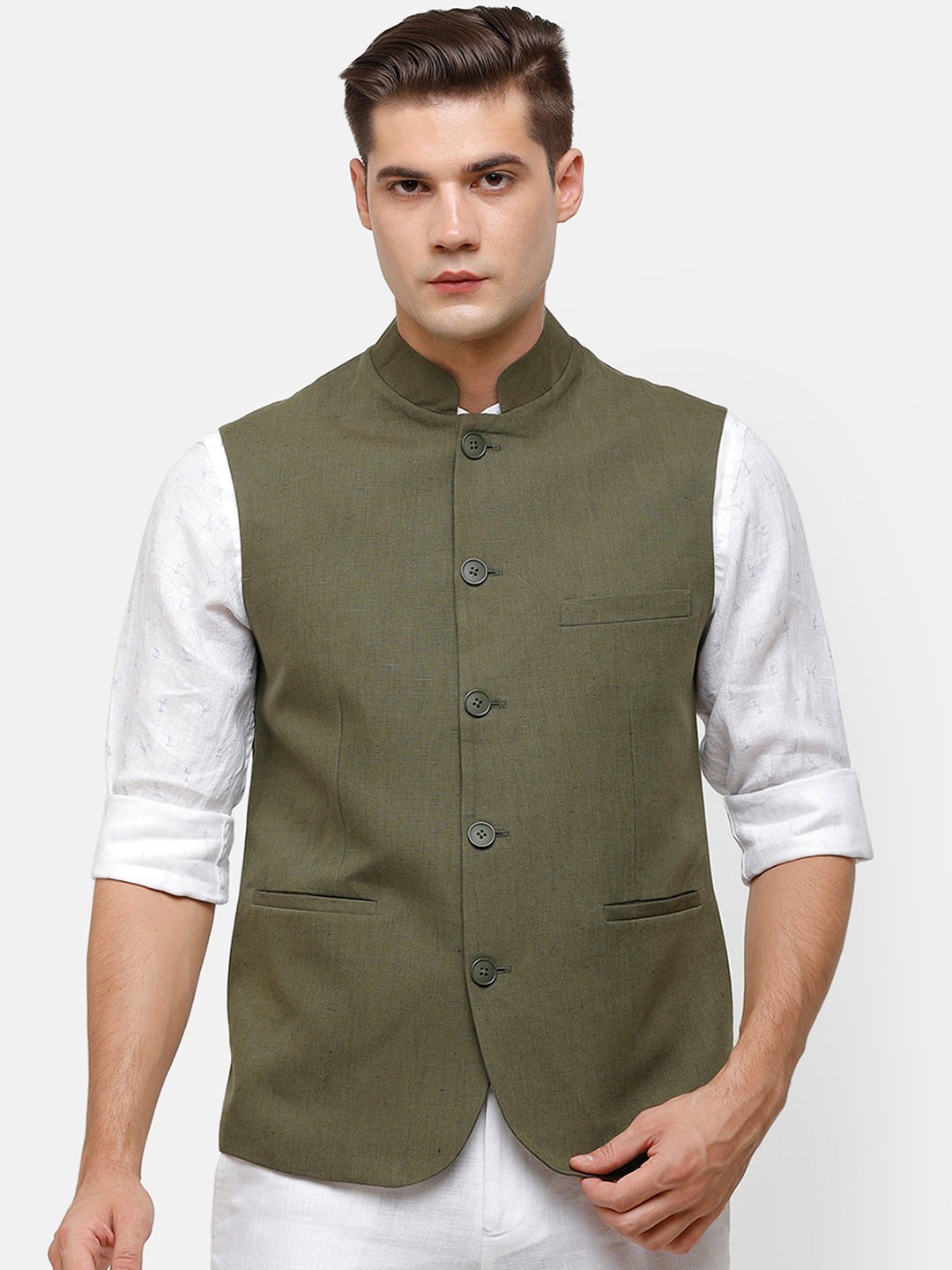 

Linen Club Men Green Solid Linen Nehru Jacket