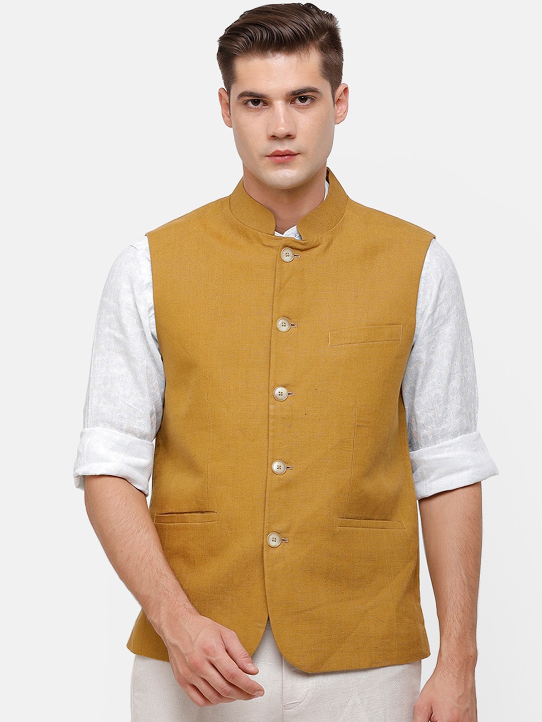 

Linen Club Men Brown Solid Linen Woven Nehru Jackets