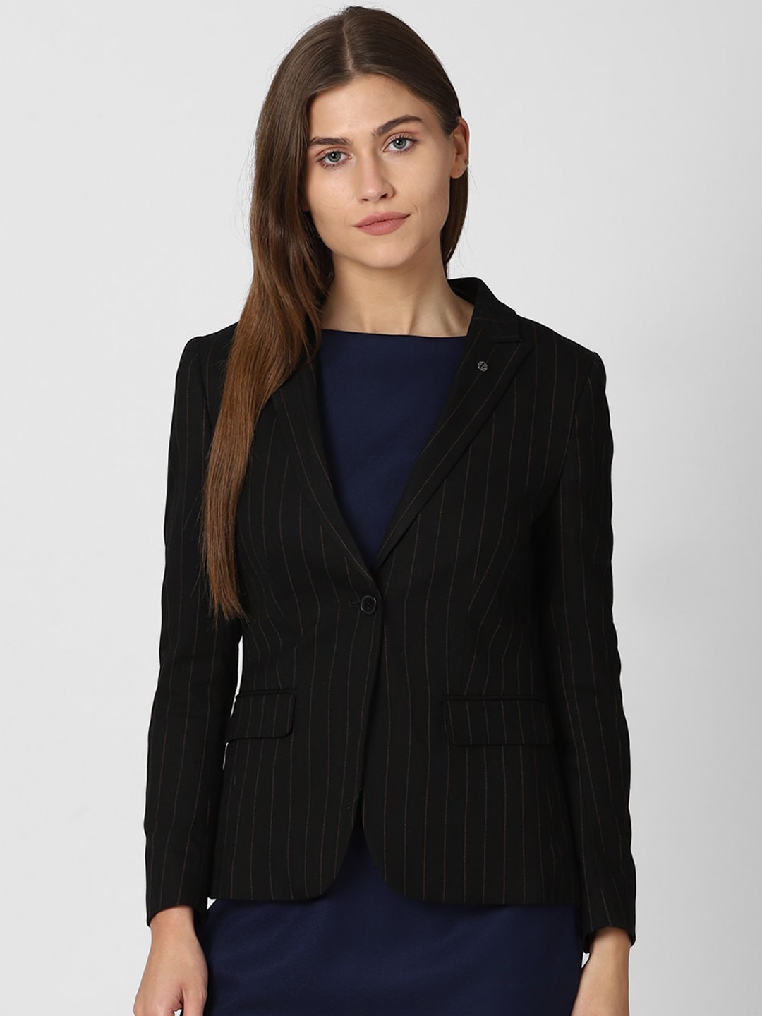 

Van Heusen Woman Black Striped Single-Breasted Casual Blazer