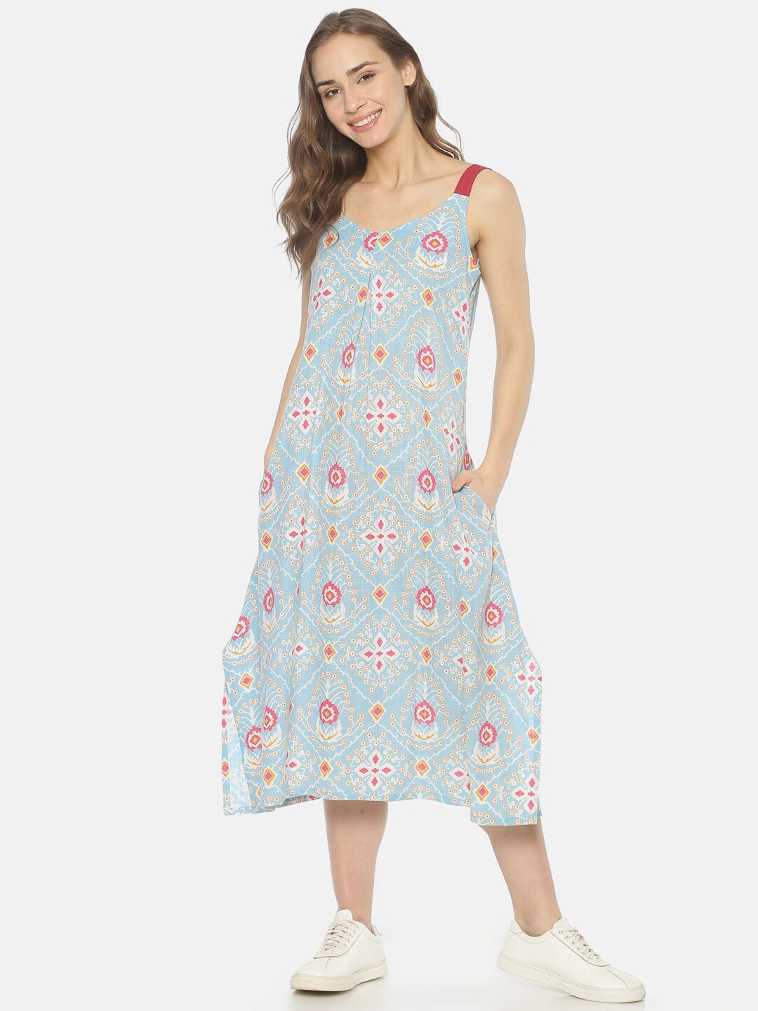 

UNTUNG Blue & Fuchsia Floral A-Line Midi Dress
