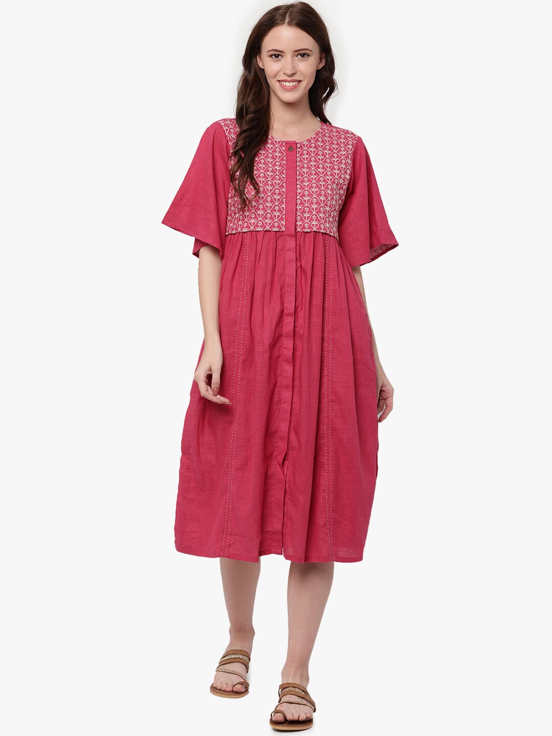 

UNTUNG Pink & White Ethnic Motifs Embroidered Cotton A-Line Midi Dress