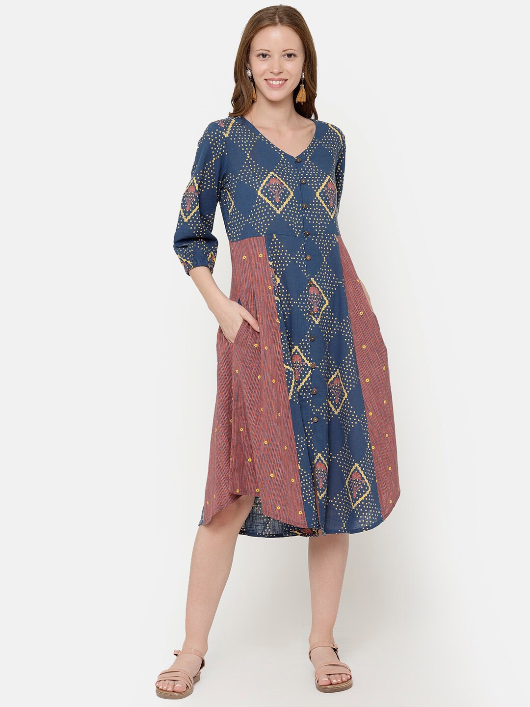 

UNTUNG Women Blue Geometric Printed Cotton A-Line Dress