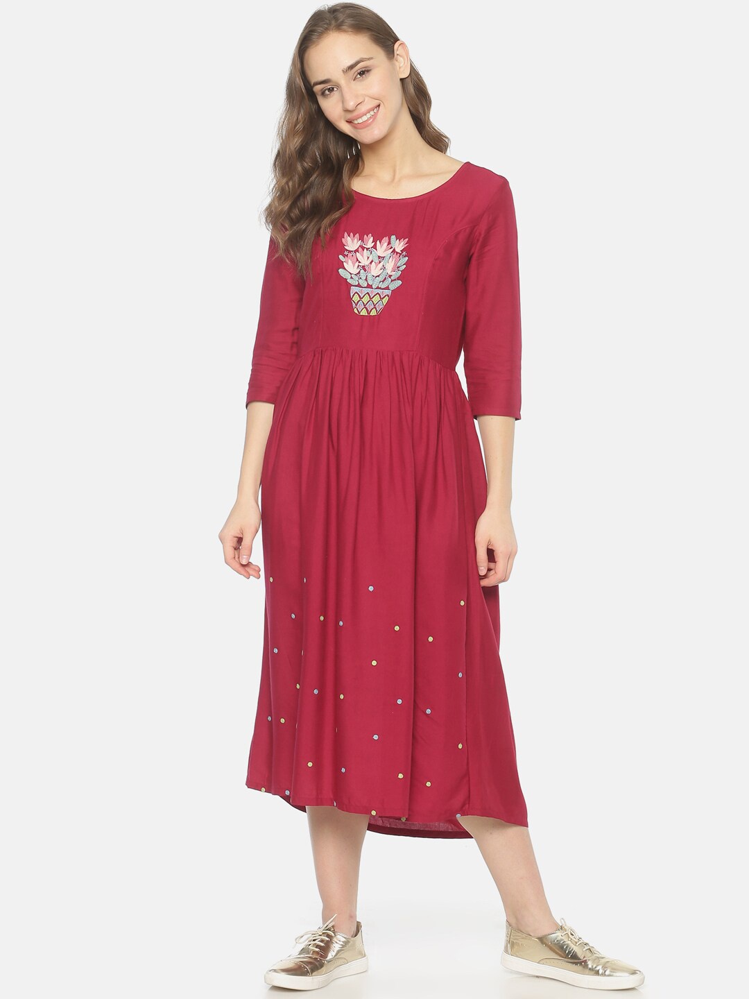 

UNTUNG Maroon & Blue Floral Embroidered Midi Dress