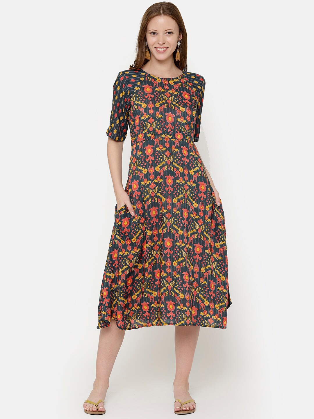 

UNTUNG Green & Coral Floral A-Line Midi Dress