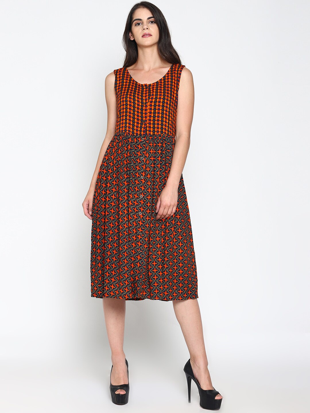 

UNTUNG Women Orange & Blue Printed A-Line Midi Dress