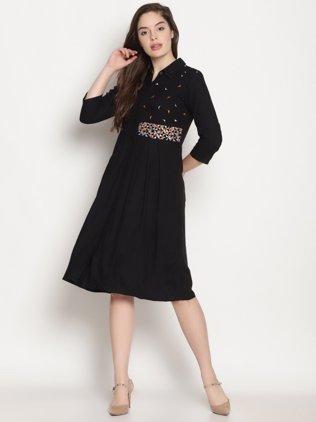 

UNTUNG Women Black Geometric Embroidered Shirt Dress