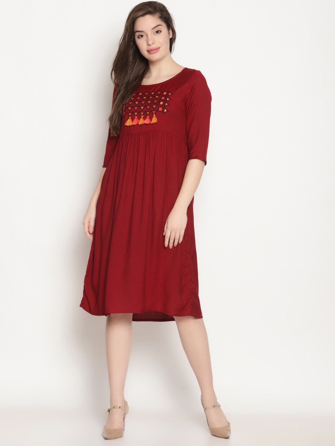 

UNTUNG Maroon Embroidered Empire Dress