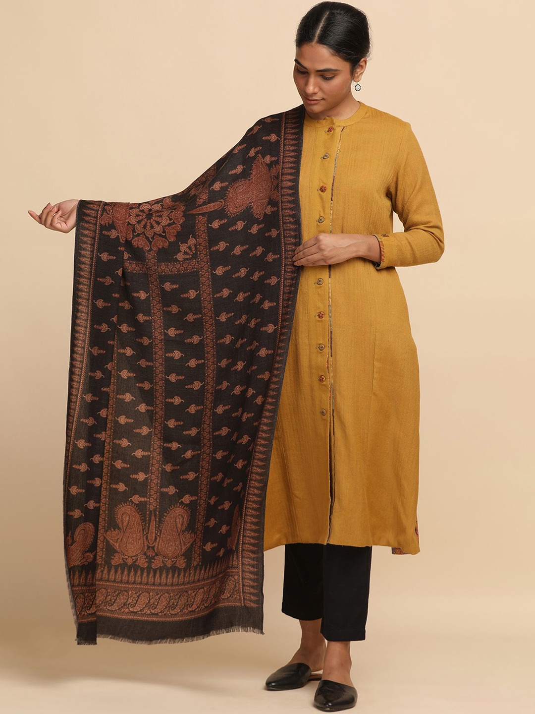 

W The Folksong Collection Women Black Printed Woollen Shawl