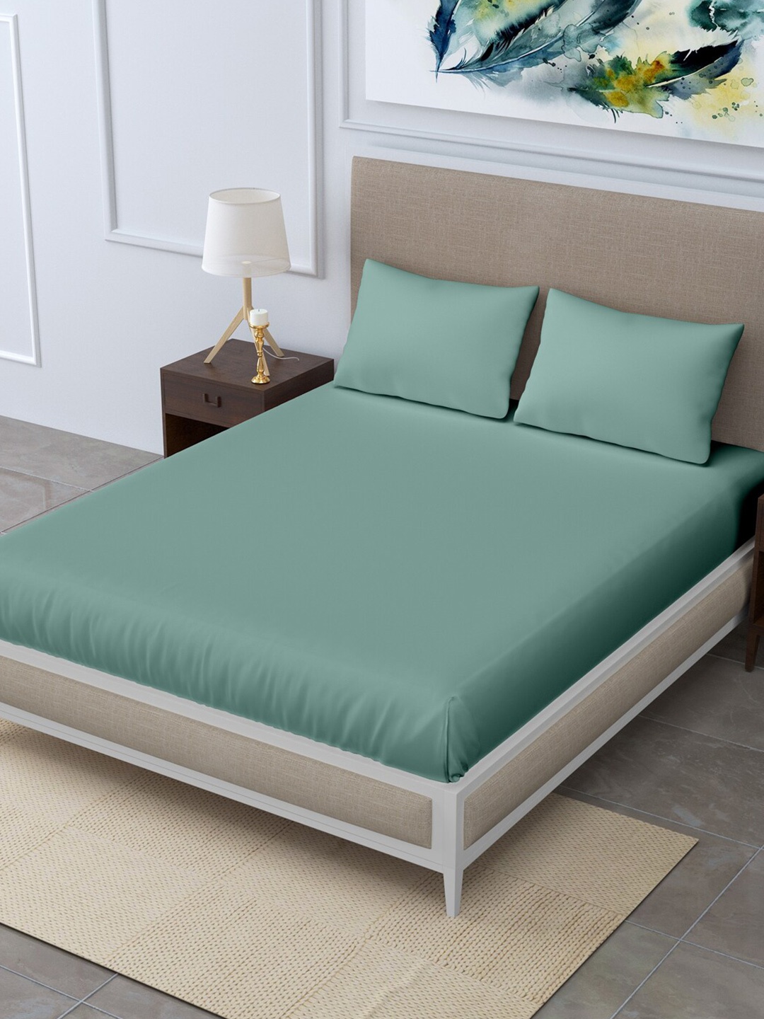 

LINENWALAS Happy Sleeping Sea Green 300 TC Cotton King Bedsheet with 2 Pillow Covers