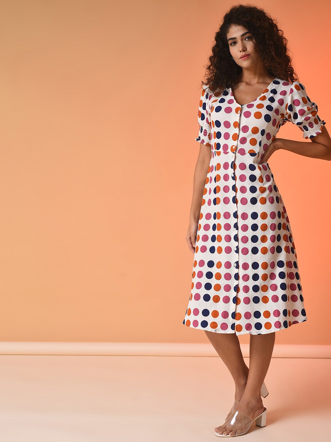 Campus Sutra Women Multicoloured Polka Dot Printed A-Line Midi Dress