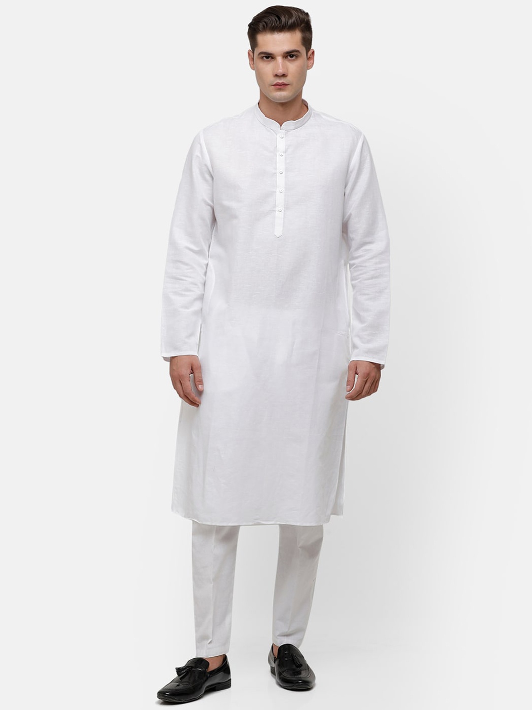 

Linen Club Men White Solid Linen Thread Work Kurta