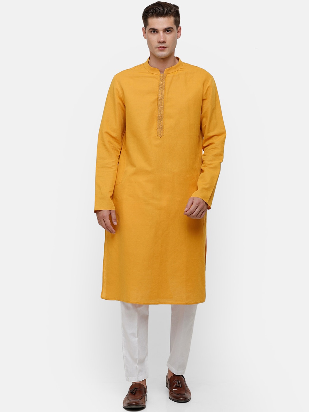 

Linen Club Men Yellow Linen Kurta
