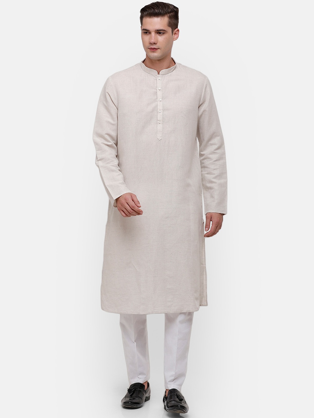 

Linen Club Men Beige Thread Work Linen Kurta