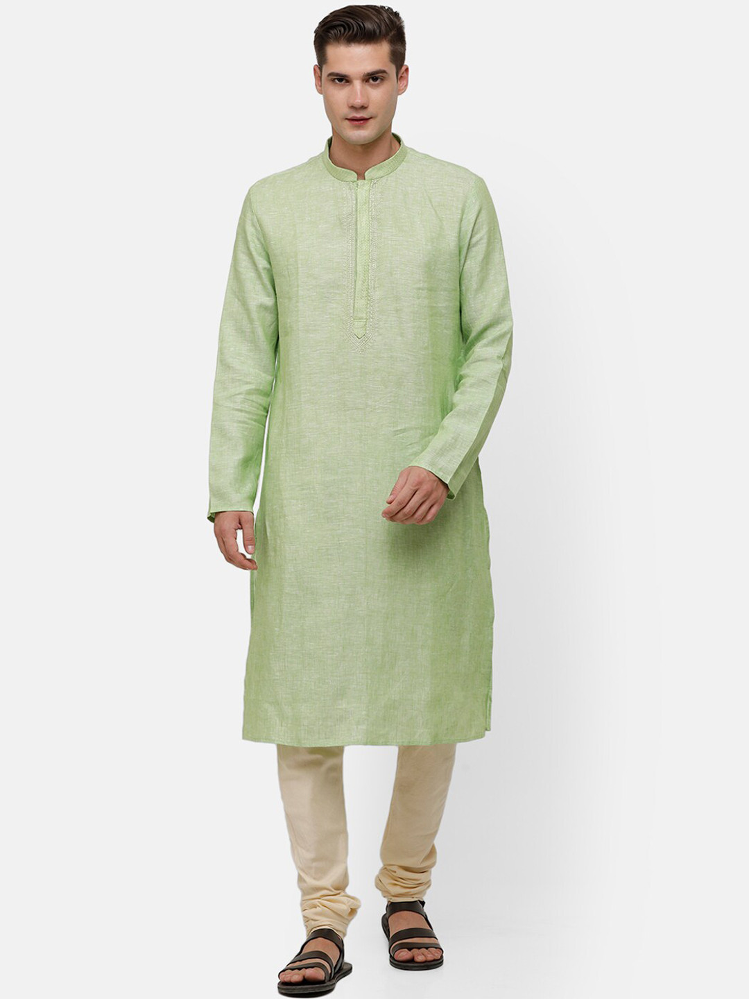 

Linen Club Men Green Striped Thread Work Pure Linen Kurta