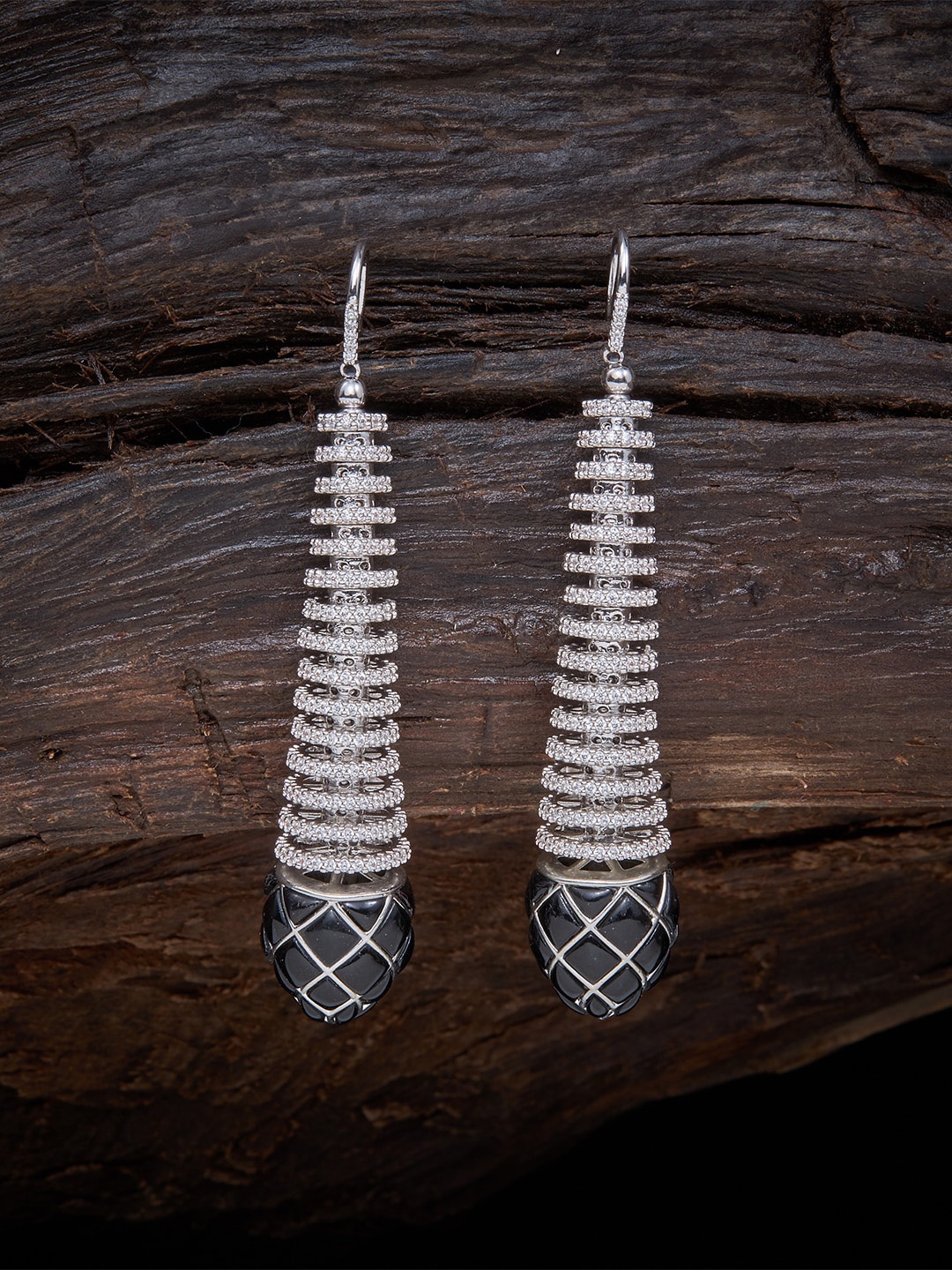 

Kushal's Fashion Jewellery Silver-Toned & Black Zircon Stone Studded Drop Earrings