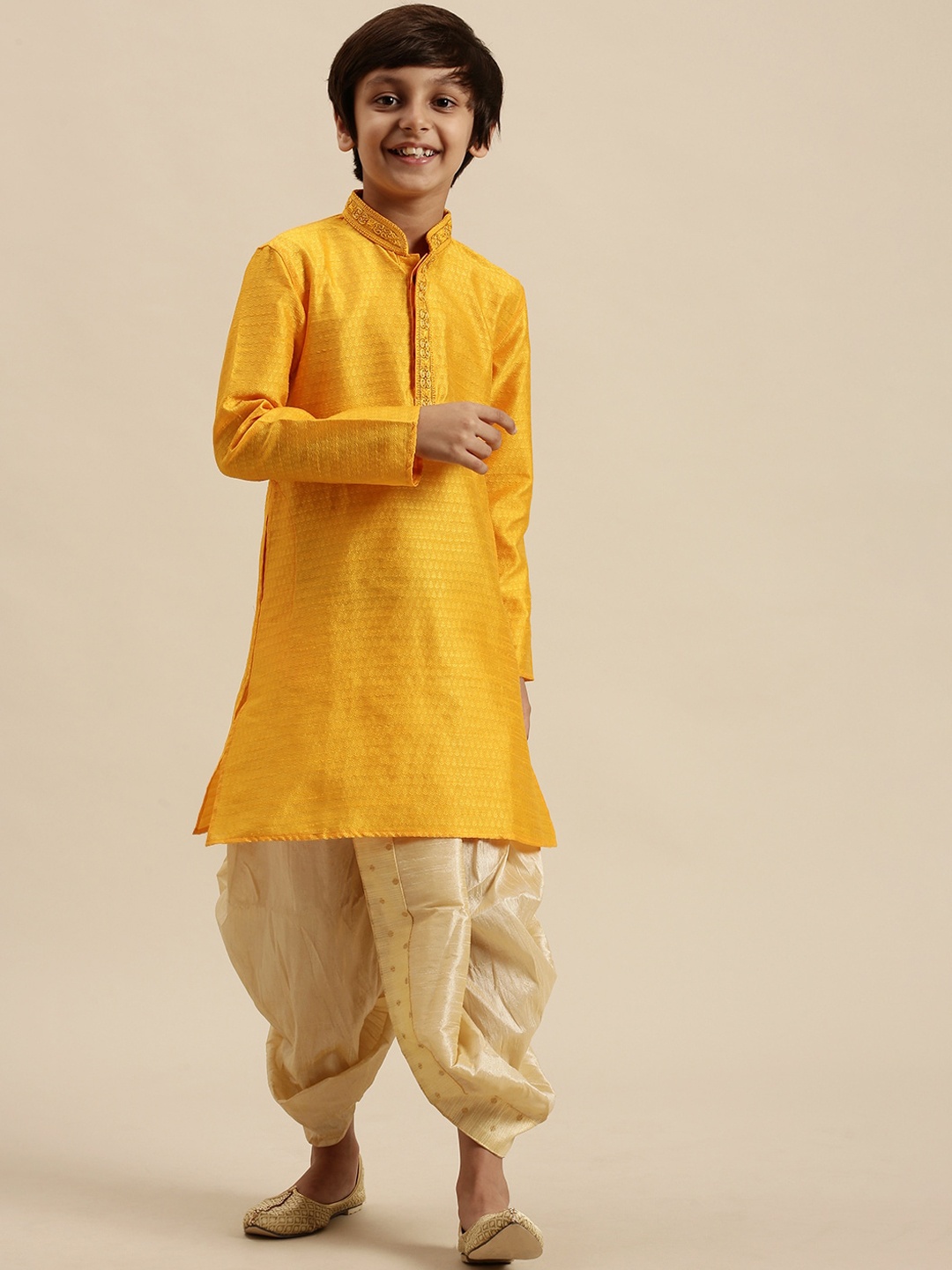 

Sanwara Boys Yellow Ethnic Motifs Kurta with Dhoti Pants