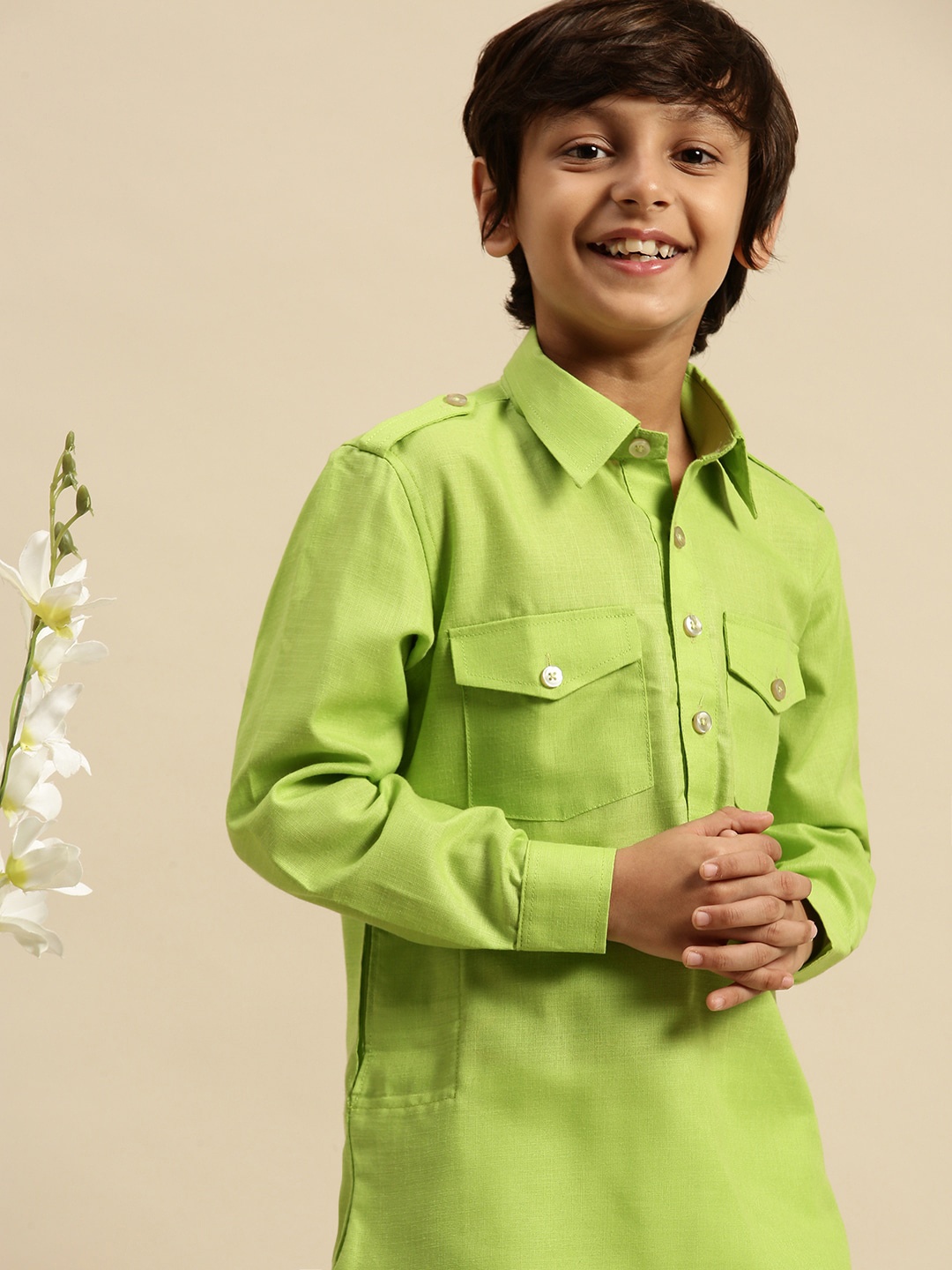 

Sanwara Boys Light Green & White Pure Cotton Kurta with Dhoti Pants