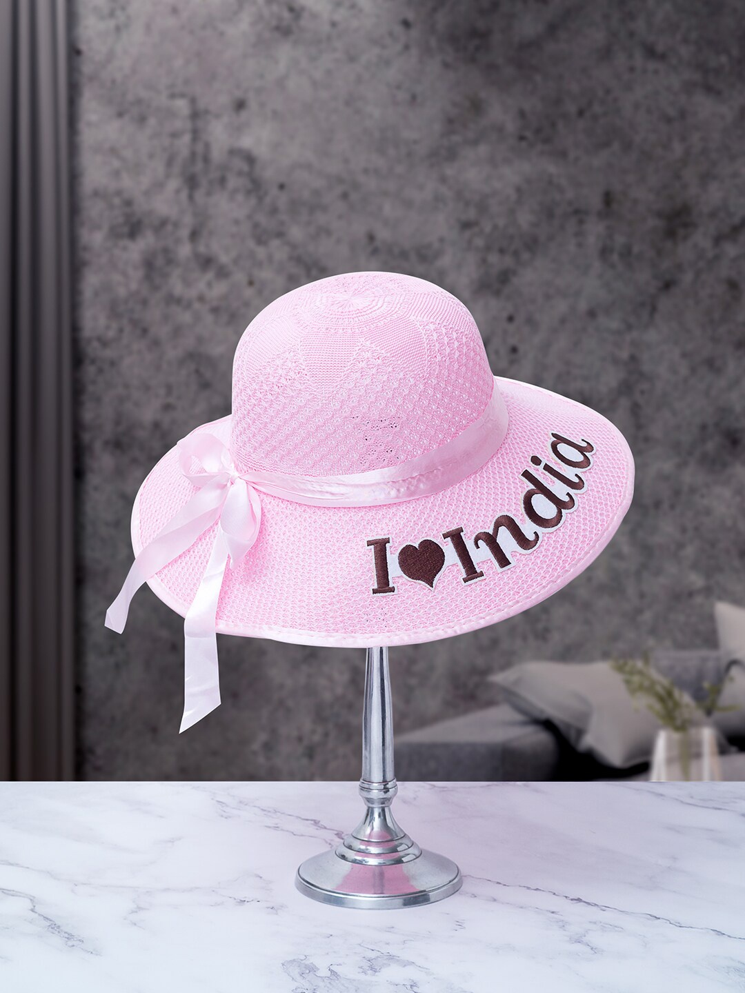 

Golden Peacock Women Pink Woven Design Sun Hat With Embroidered Detial