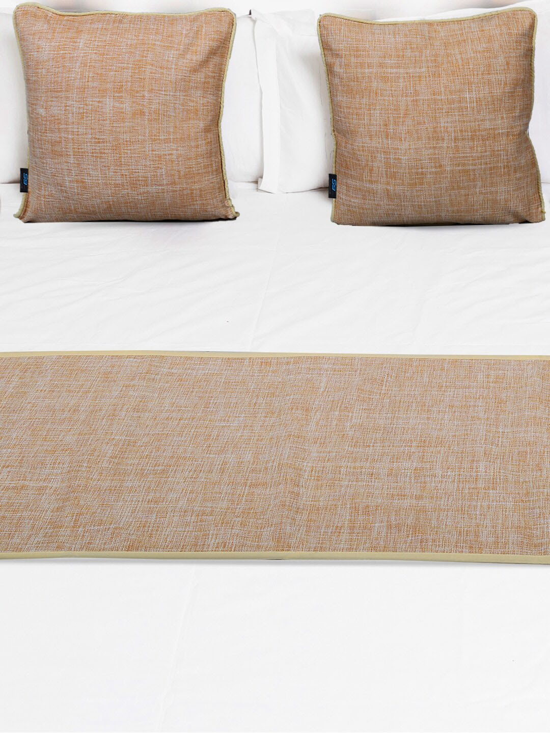 

S9home by Seasons Beige Self Design Bed Runner With 2 Cushion covers