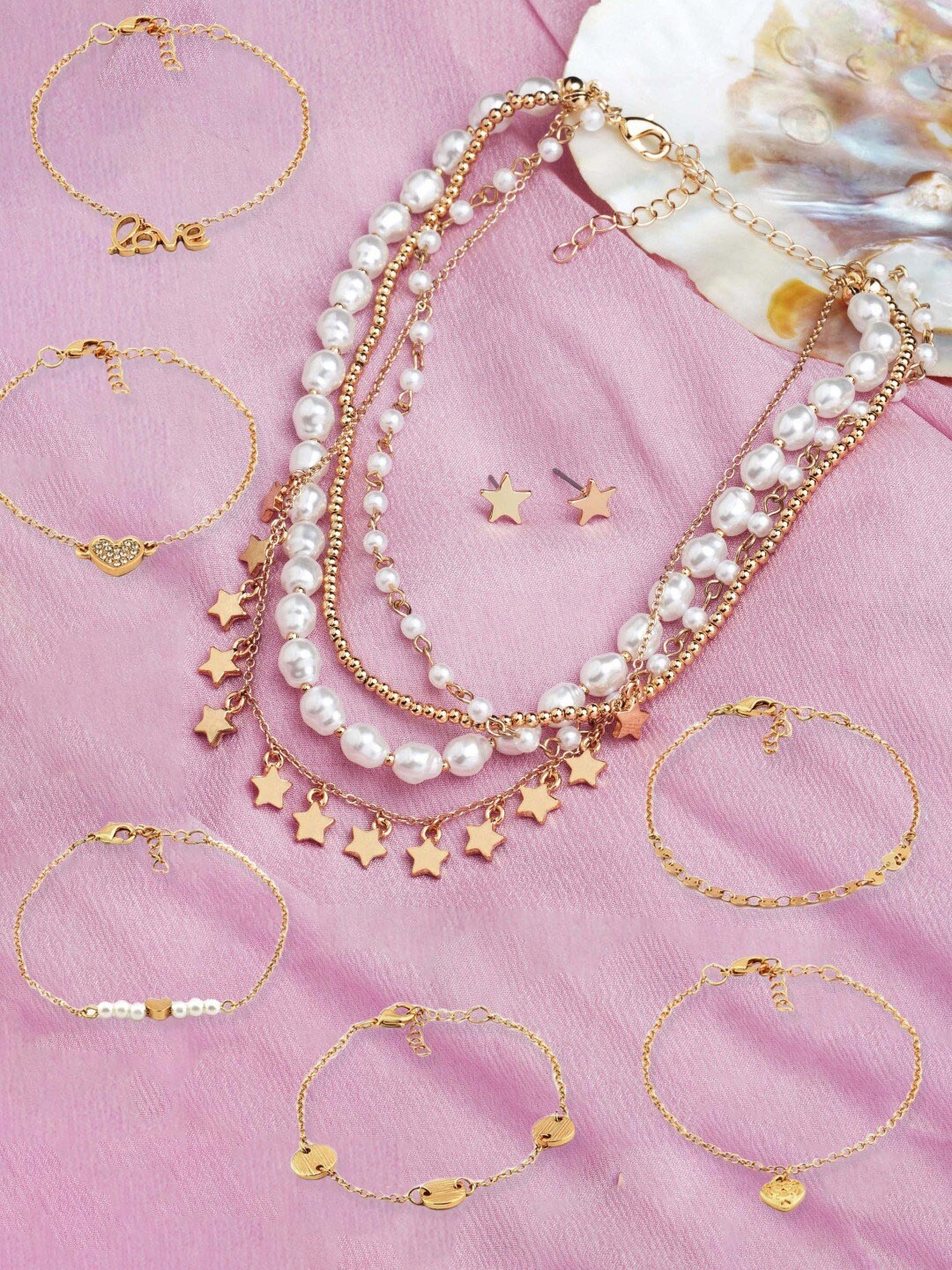

AMI Gold-Toned & White Gold-Plated Layered Chain With Earring & Bracelet Set