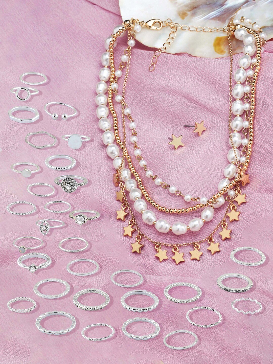 

Ami Gold Plated & Silver Toned Contemporary Layered Necklace Chains & Ring Set