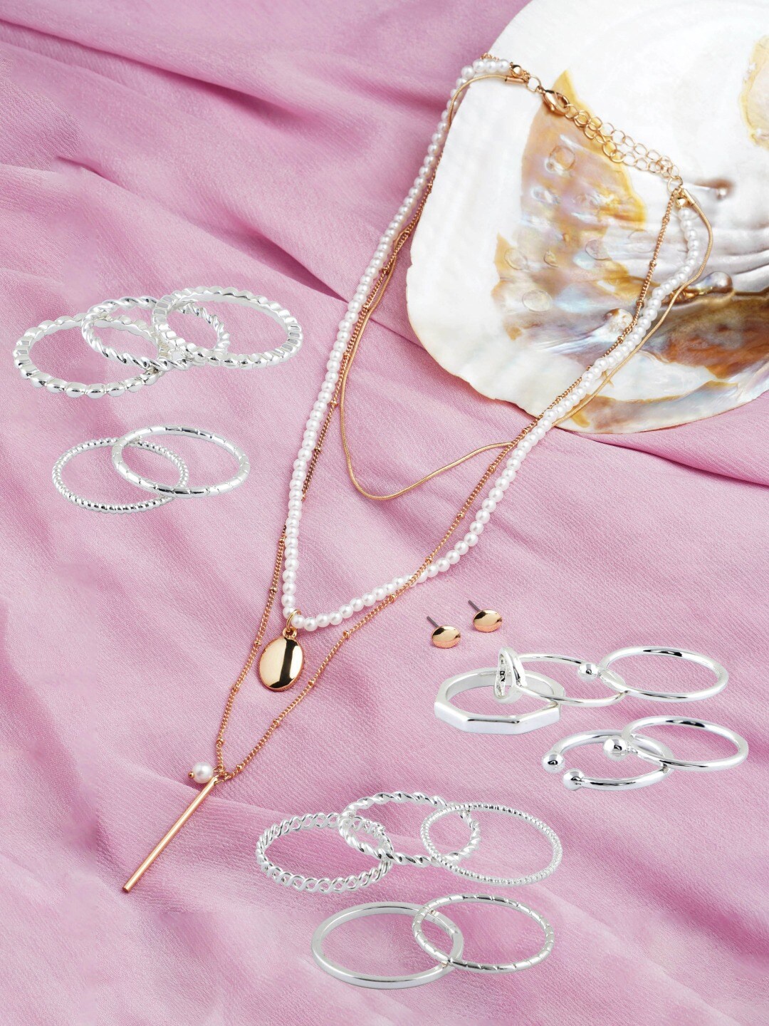 

AMI Gold-Plated White & Silver-Toned Pearls Beaded Layered Jewellery Set