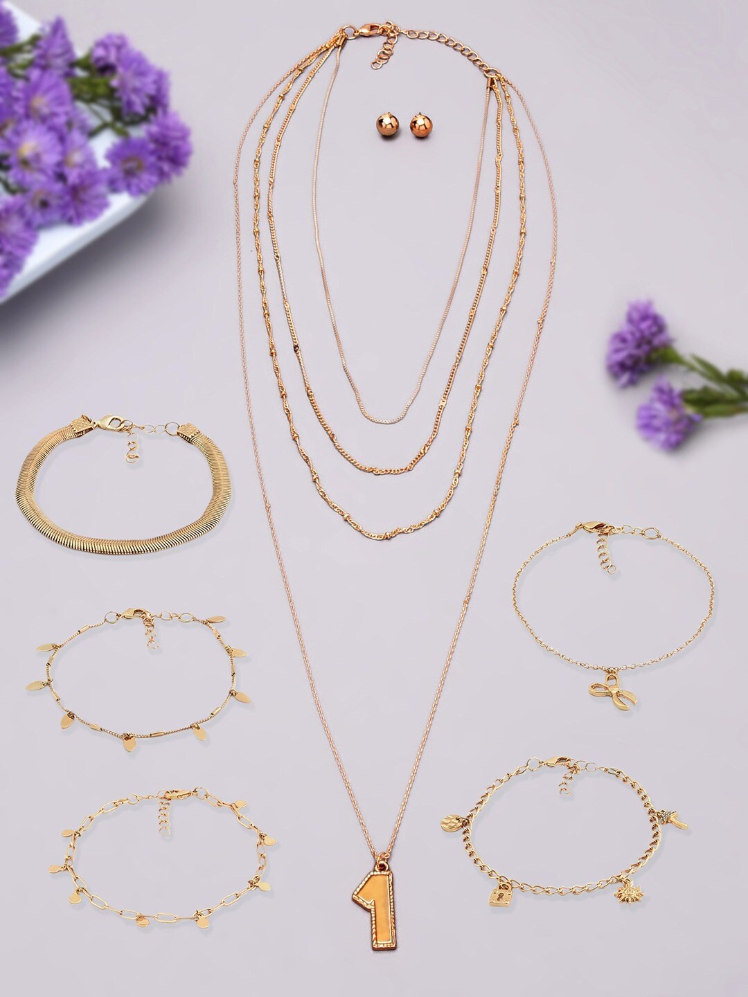 

AMI Gold-Plated Layered Chain With Bracelet & Earrings Jewellery Set