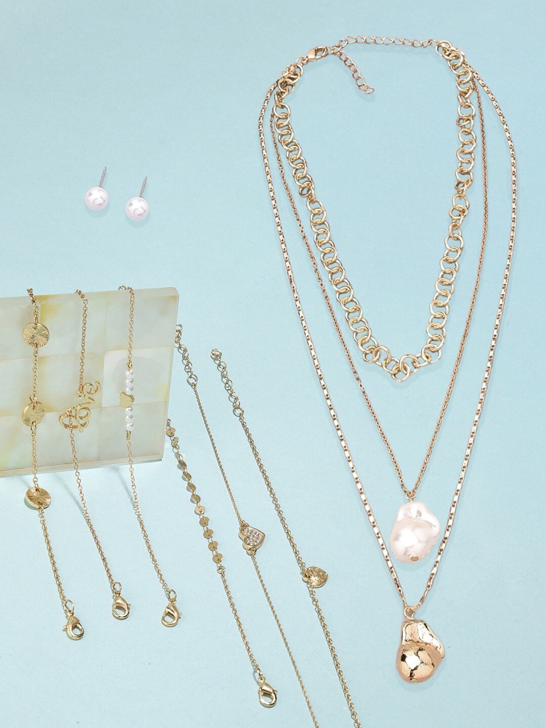 

AMI Women Gold-Toned & White Layered Chain with Bracelets & Earrings