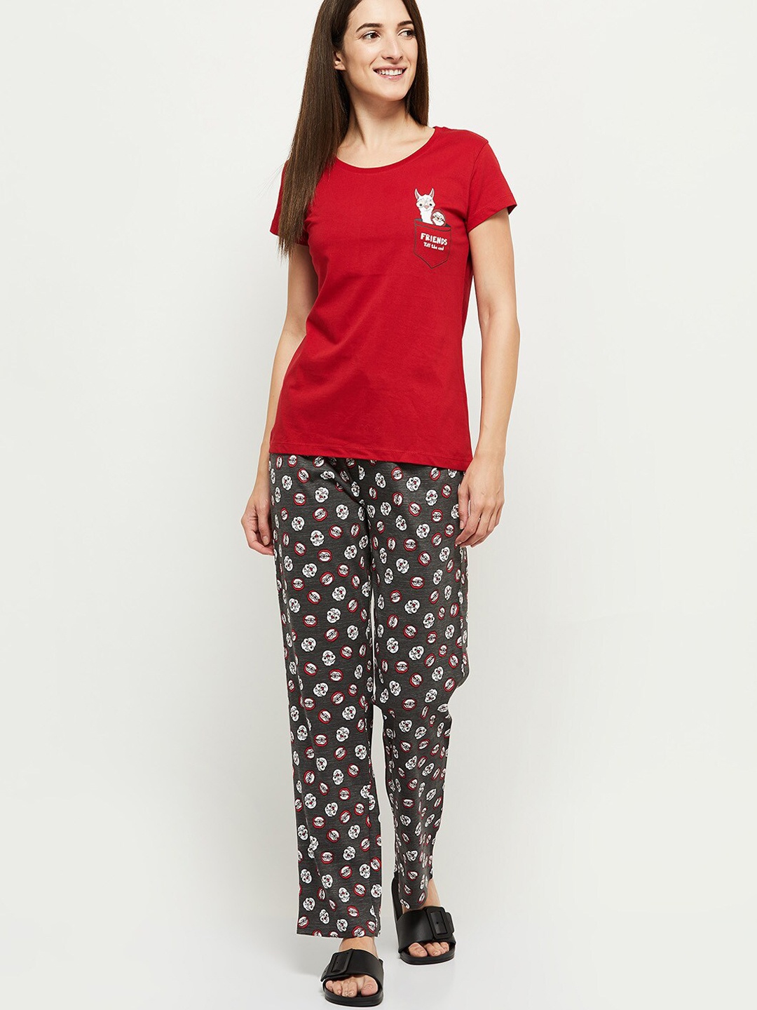 

max Women Red & Grey Printed Cotton Night Suit