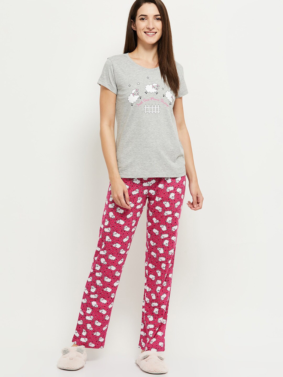 

max Women Grey Melange & Fuchsia Graphic Printed Night Suit