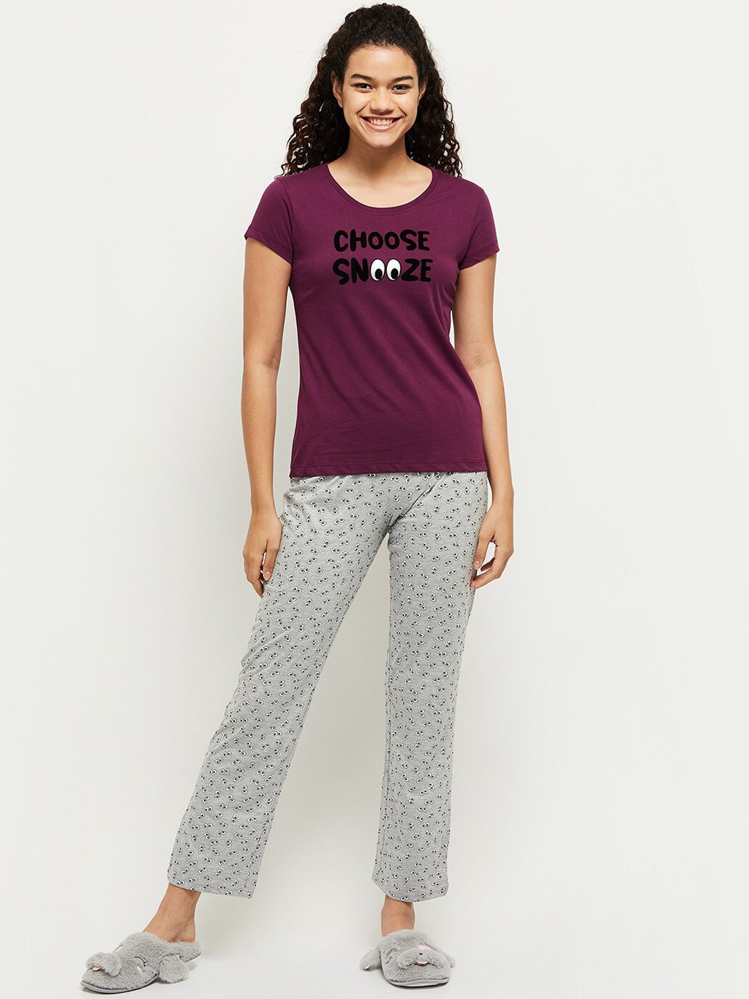 

max Women Purple & Grey Printed Pure Cotton Night suit