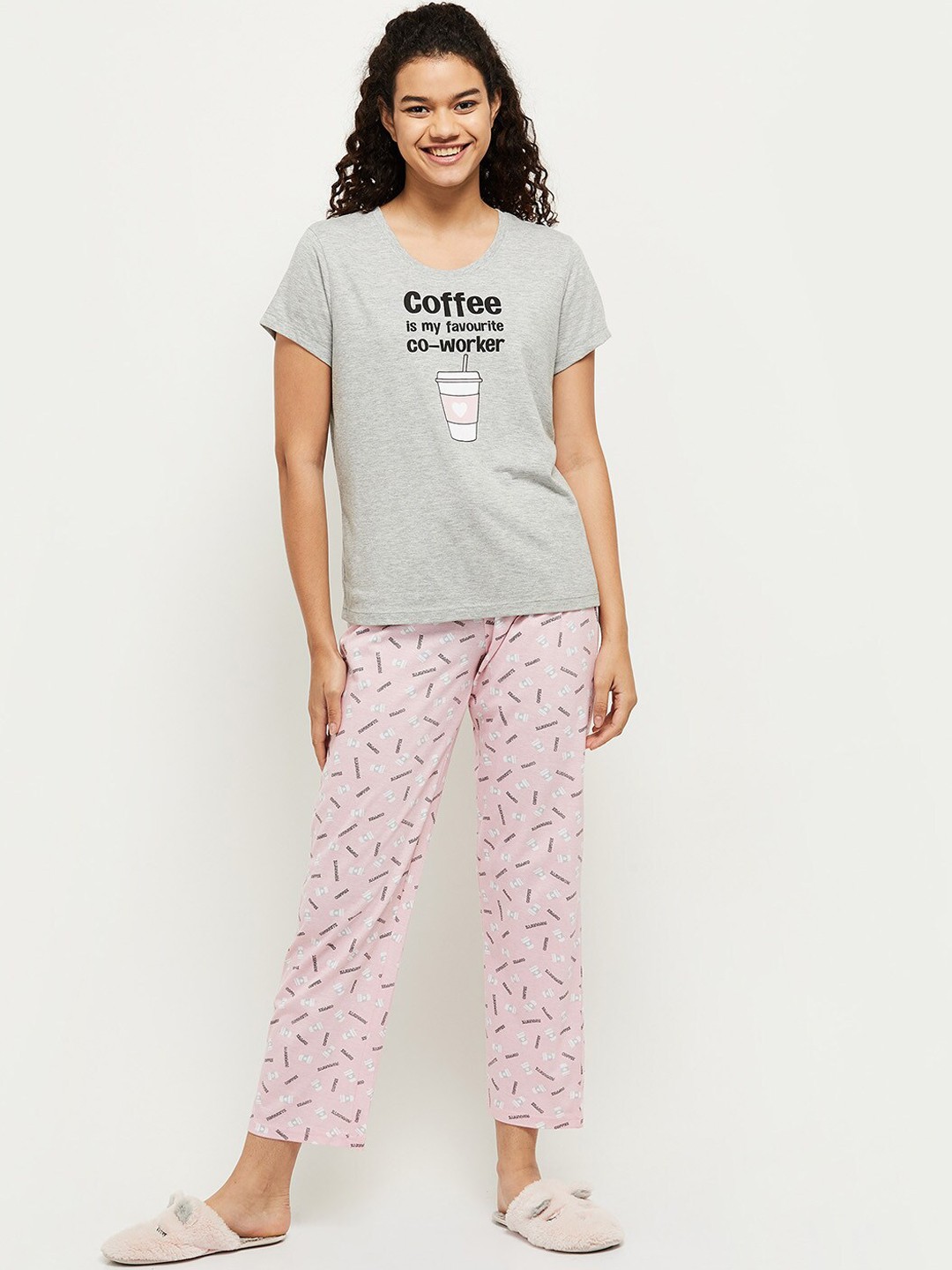 

max Women Grey Melange & Pink Graphic Printed Night suits