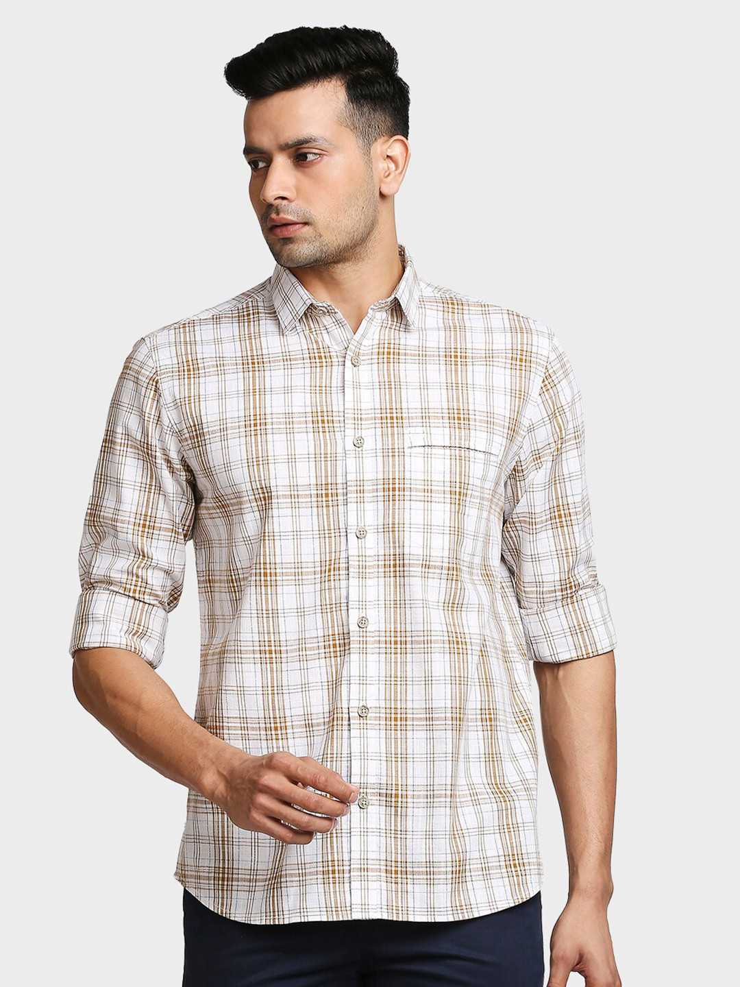

ColorPlus Men Khaki & White Tailored Fit Checked Cotton Casual Shirt
