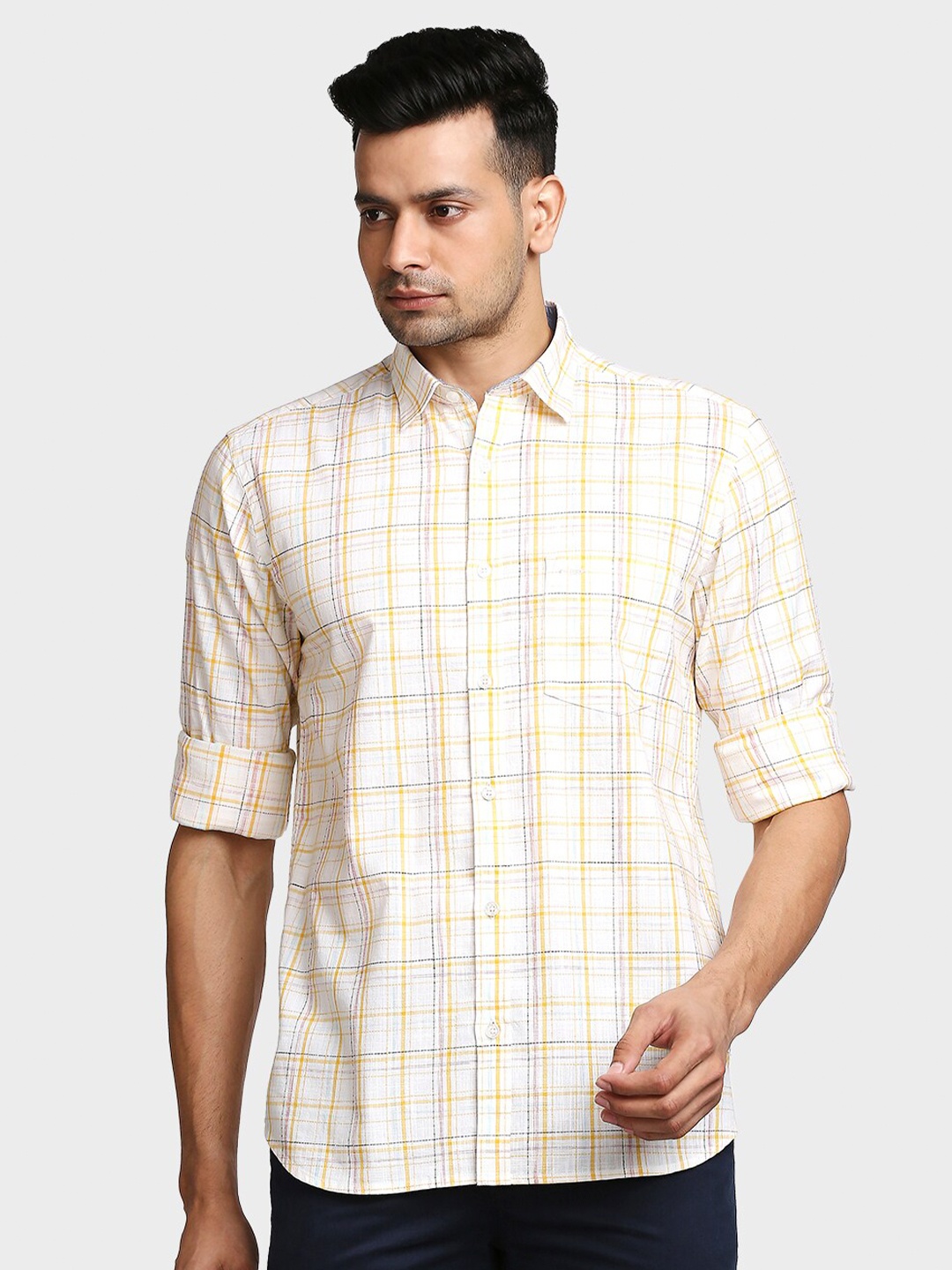 

ColorPlus Men Yellow Tailored Fit Checked Casual Shirt