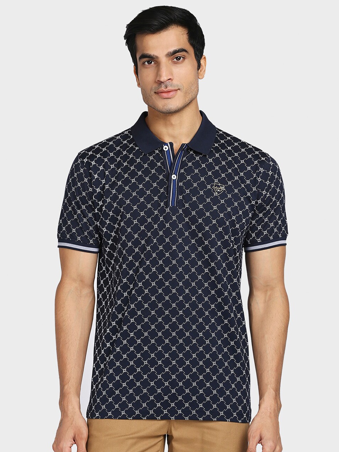 

ColorPlus Men Blue Checked Polo Collar Cotton T-shirt